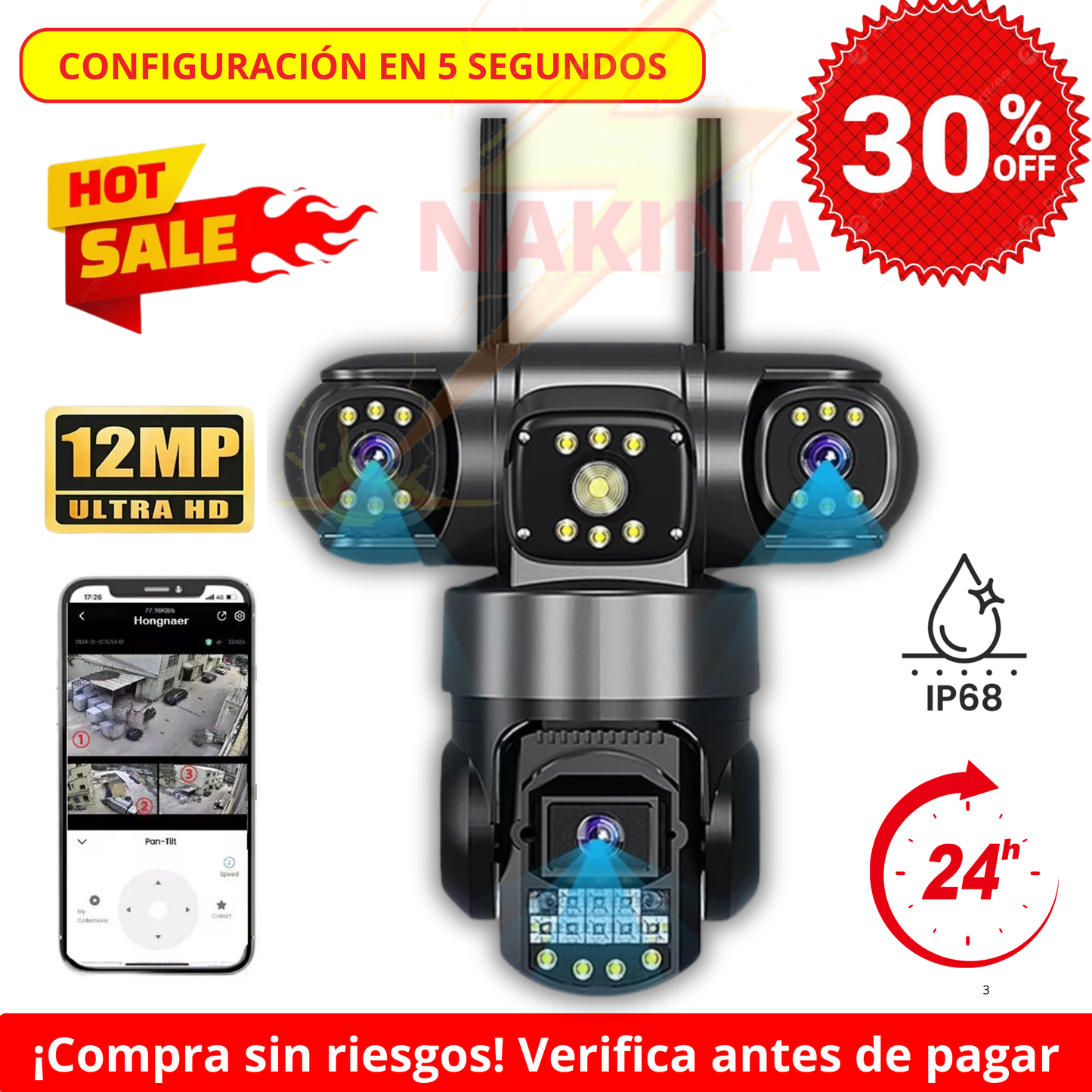 Cámara Triple Lente WIFI 12MP HD 360° IP66