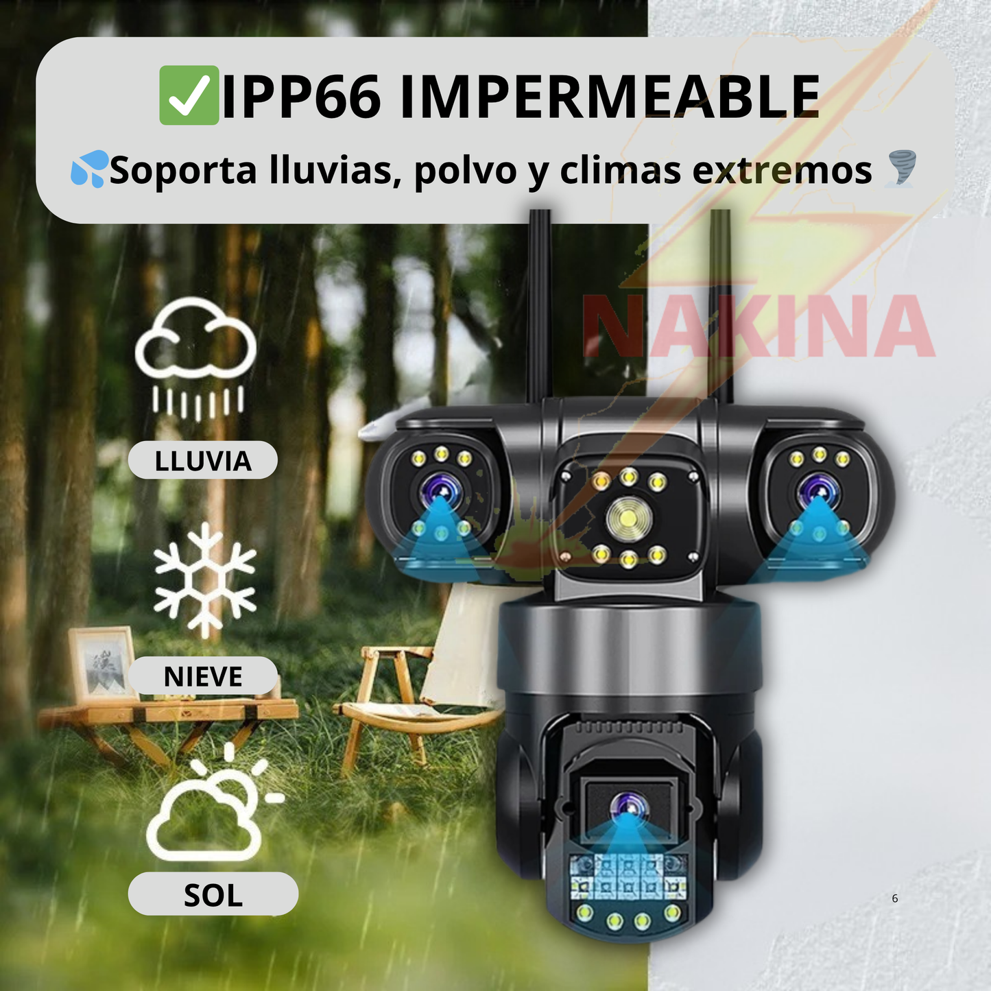 Cámara Triple Lente WIFI 12MP HD 360° IP66