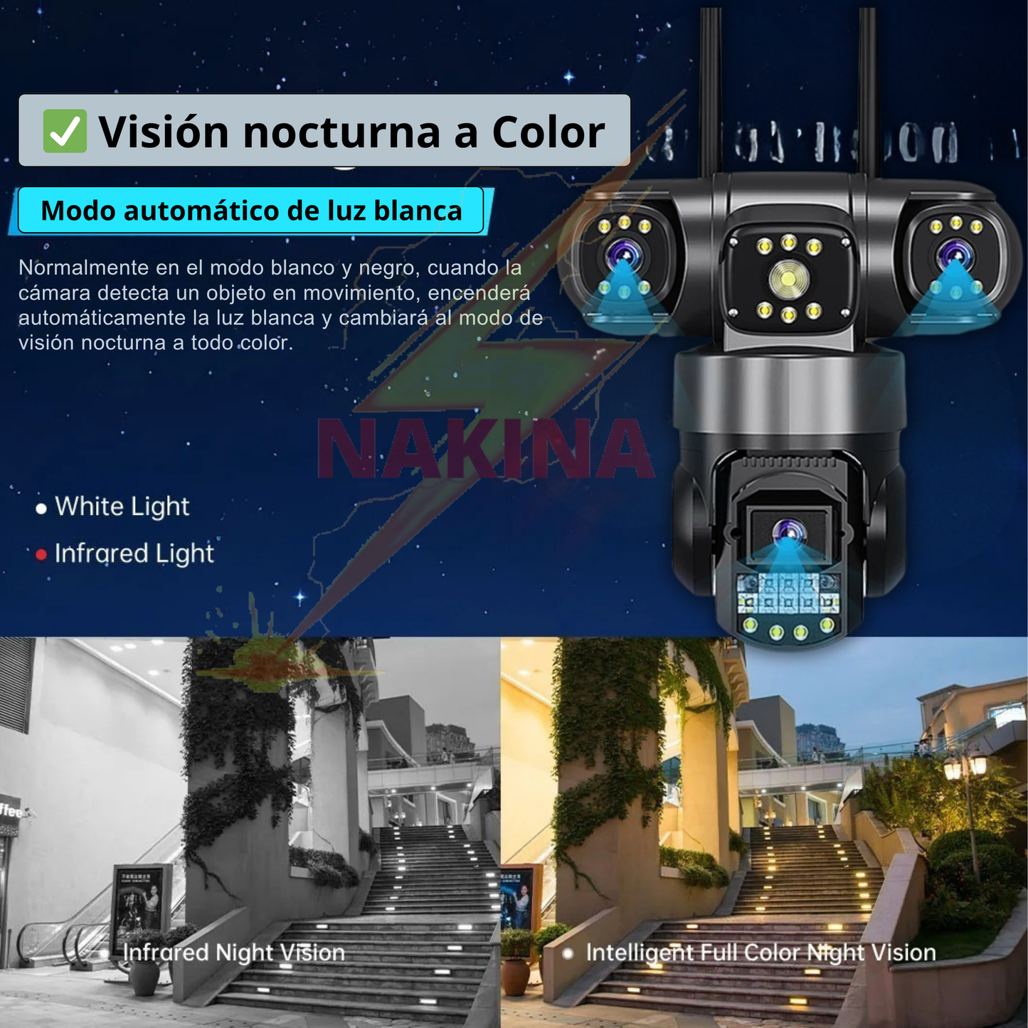 Cámara Triple Lente WIFI 12MP HD 360° IP66